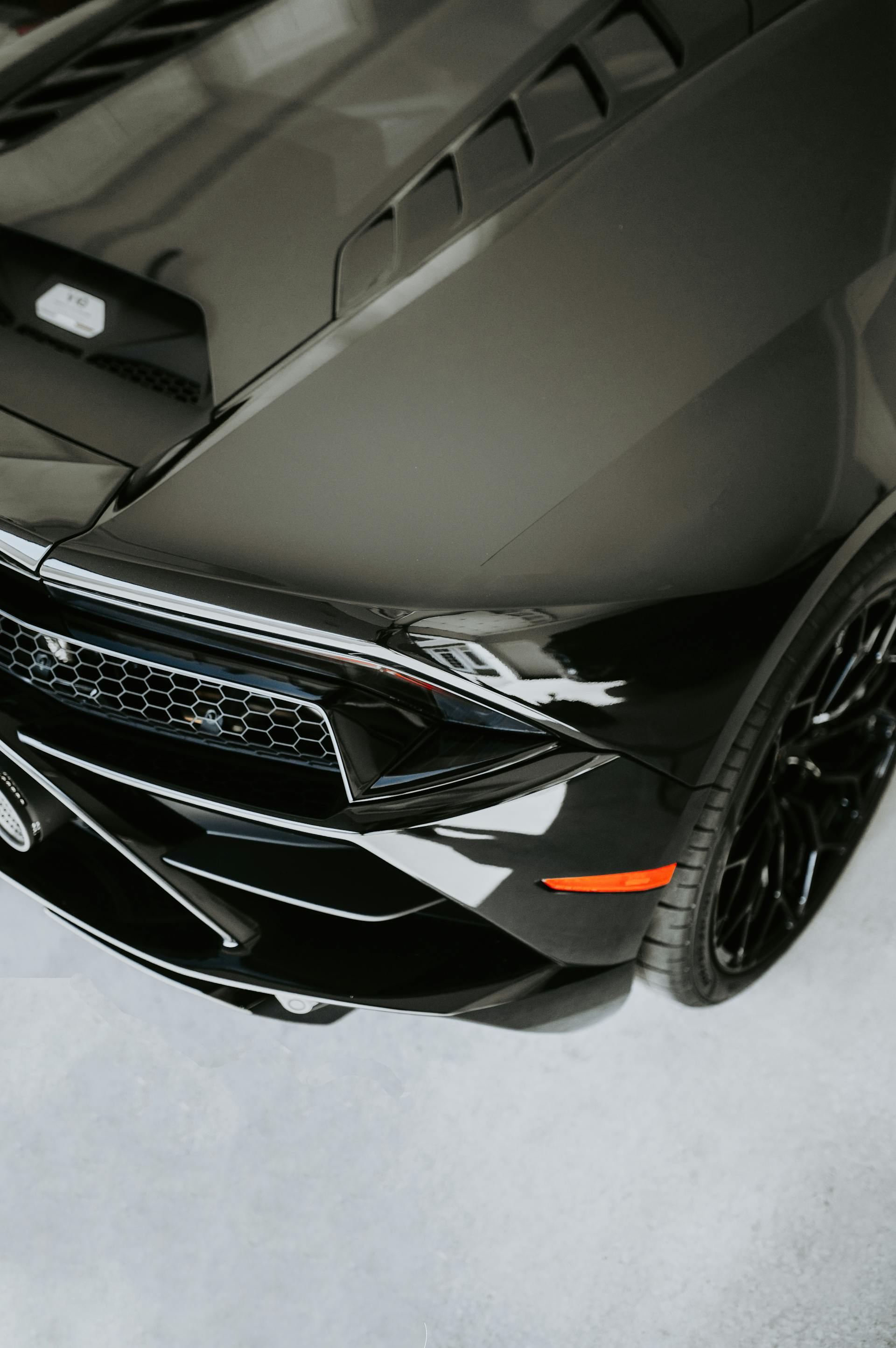Mirror-finish black sports car detail — the kind of gloss Apex Auto Detailing builds and protects in Green Bay.